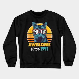 Awesome Since 1991   Funny Cat Lover 32Th Birthday Gift Crewneck Sweatshirt